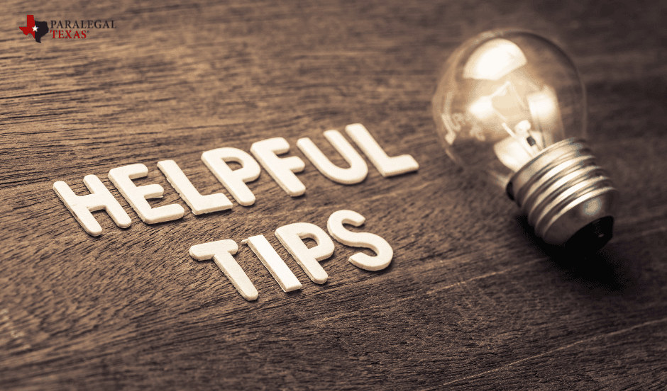 helpful tips text with lightbulb and paralegal texas logo